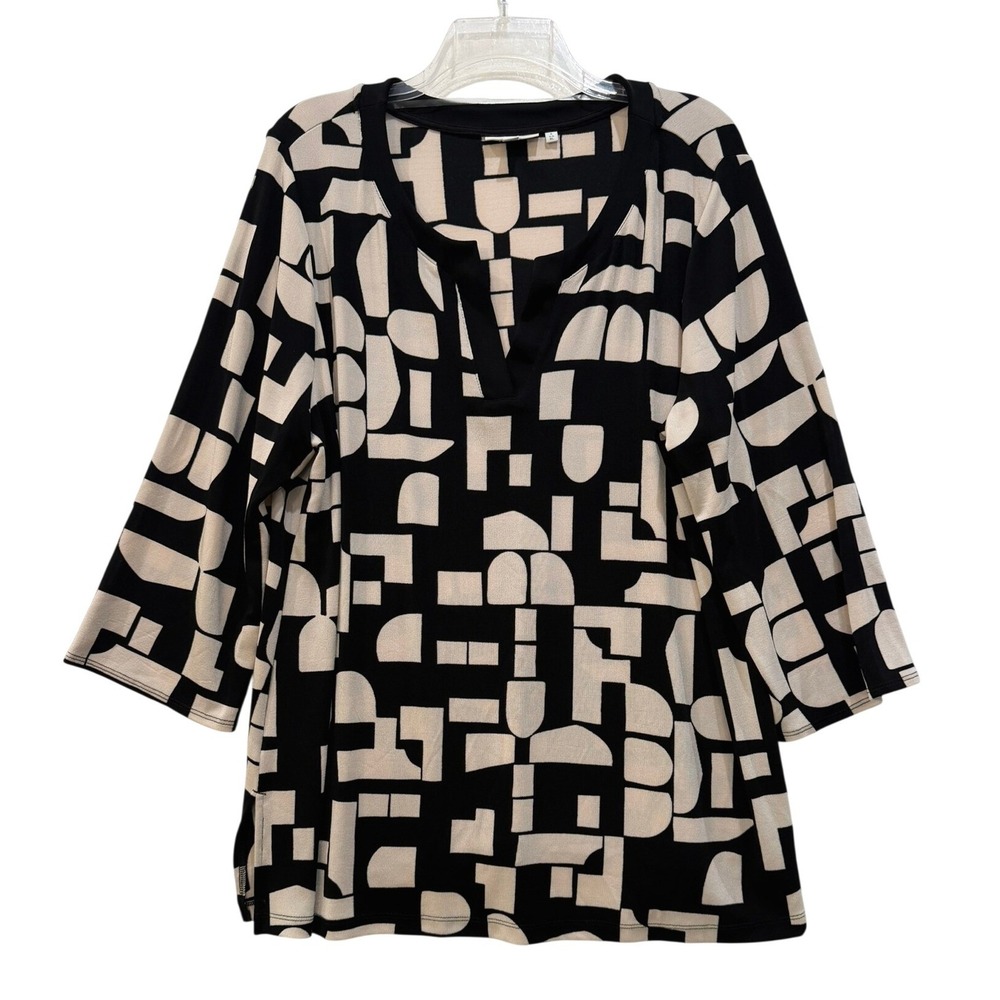 Chicos Travelers Top Womens 3 XL Black Tan Geometric Abstract 3/4 Sleeve Tunic